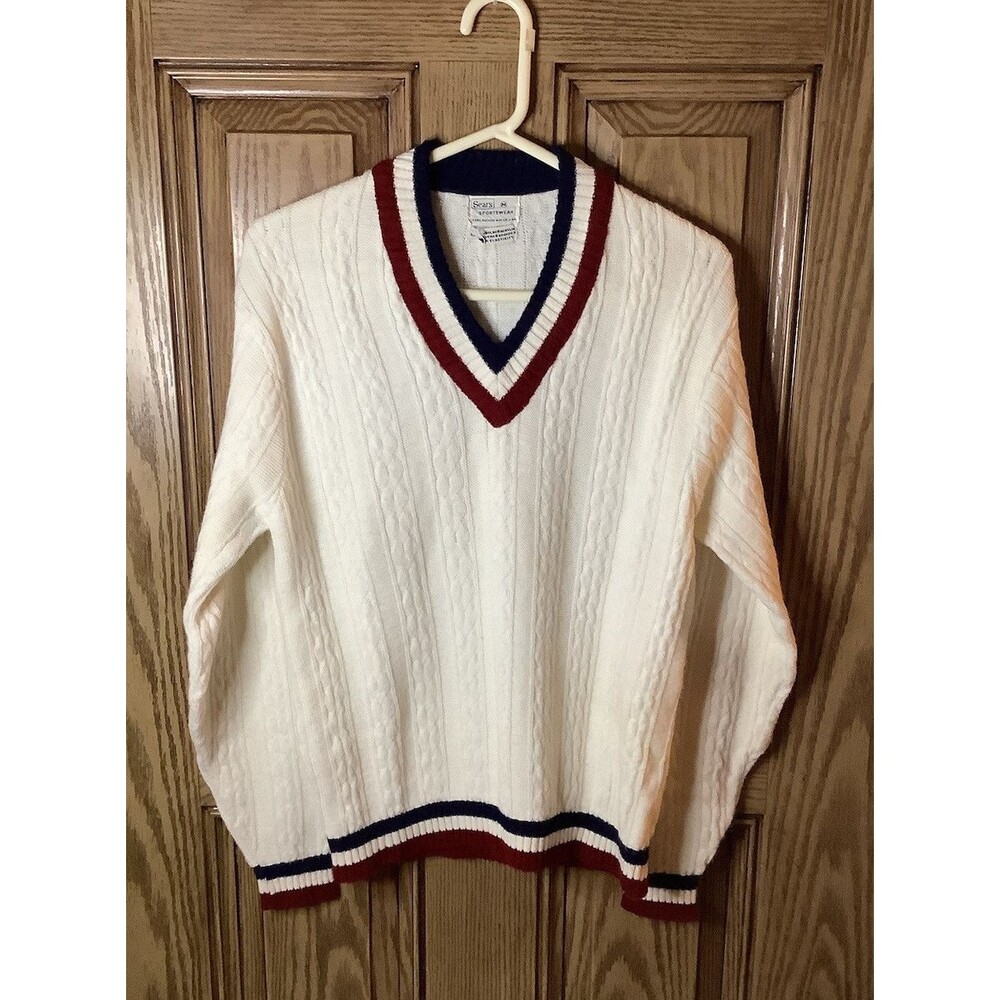 V-Neck Sweater in White with Red and Blue Accents